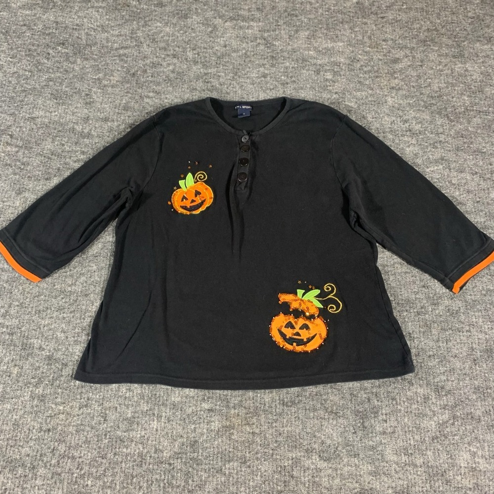 SML Sport Top Womens 2XL Black Henley 3/4 Sleeve Halloween Pumpkins Embroidered